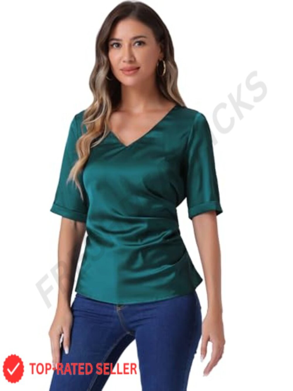 Satin Blouse V Neck Short Sleeve Ruched Tie Back Casual Office Top